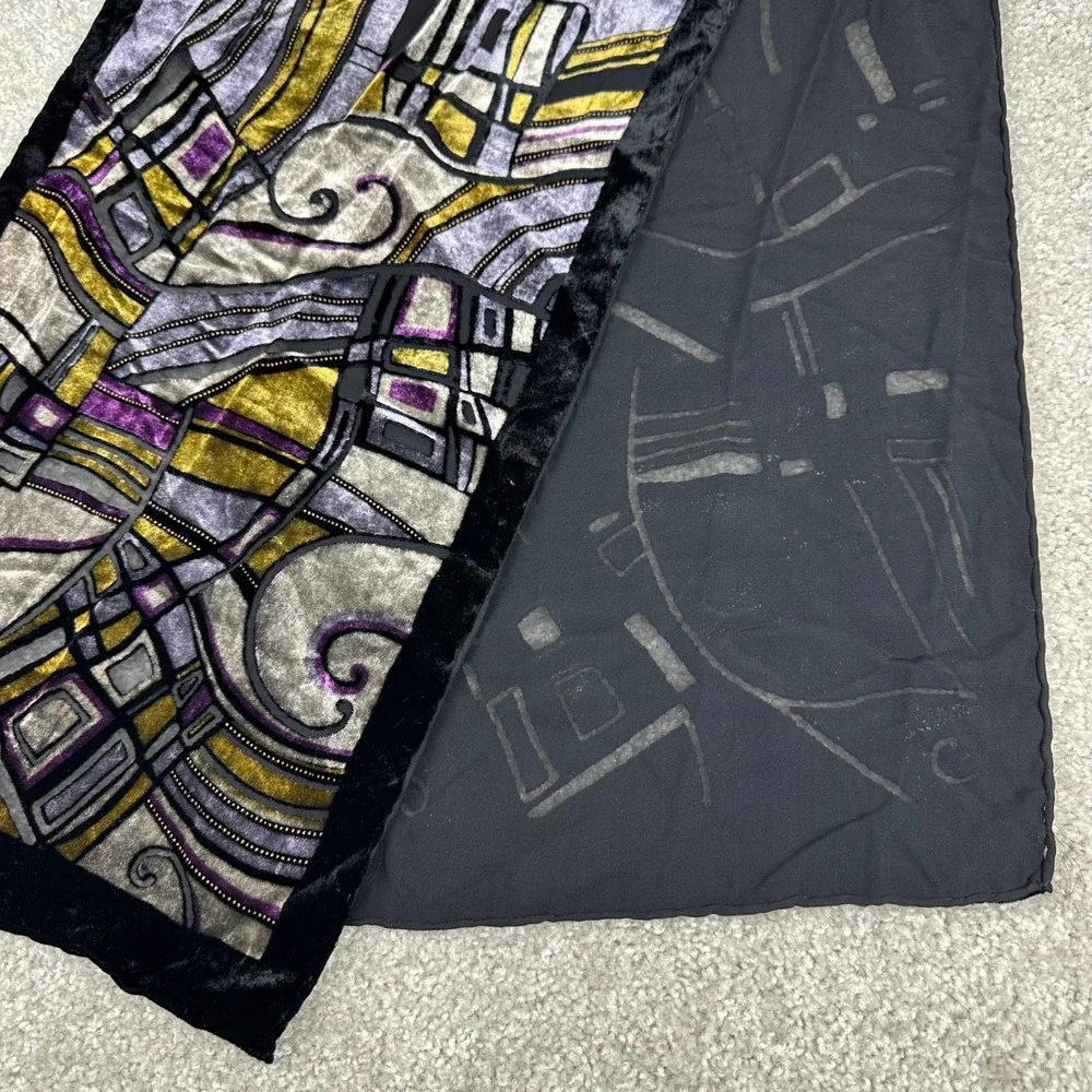 Art Deco Velvet Silk Burnout Scarf Stained Glass Devore Wrap Purple Gold Black